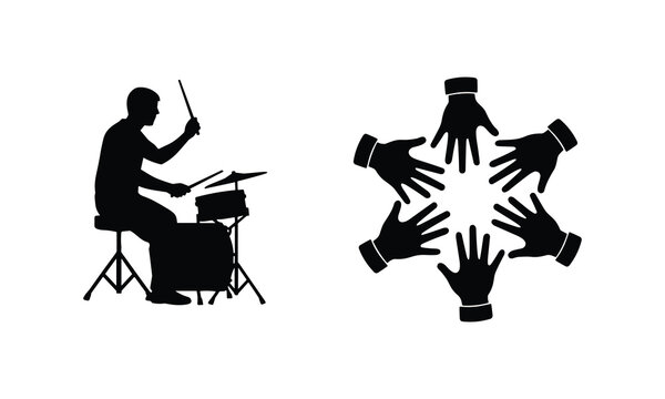 Musician drummer silhouette vector illustration with unity hand circle icon for rhythmic art.