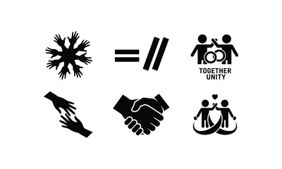 Fototapeta premium Together unity handshake and equality silhouette vector set line art community concepts.