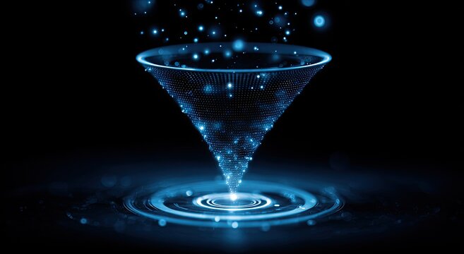 Glowing digital funnel filtering glowing particles into a bright light circle