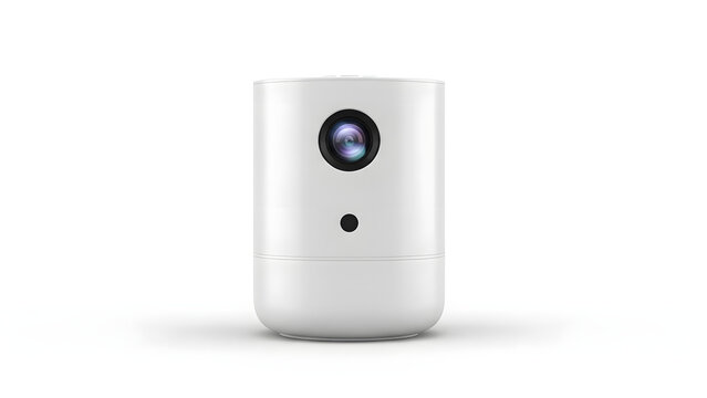 Mini projector with lens and indicator light on white background