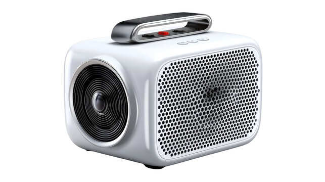 Compact Projector: A modern and sleek compact projector design, featuring a robust metallic handle and an innovative speaker grill.