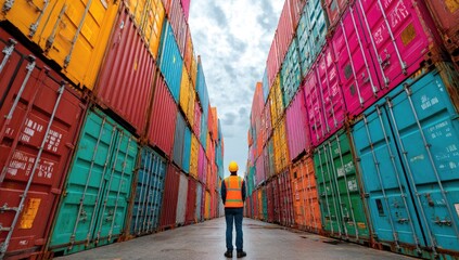 Fototapeta premium Worker surveys endless rows of colorful cargo containers under a cloudy sky