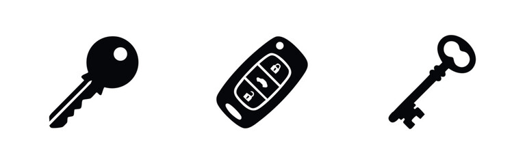 Three black icons of keys and car key fob on white background © Prokopchuk