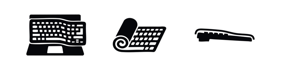 Three black icons of flexible keyboards and keyboard stands on white background © Prokopchuk