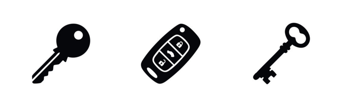 Three black icons of keys and car key fob on white background