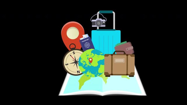 Animated Travel World Icons with Suitcase Passport and Compass for Tourism Motion Loop on Alpha Channel