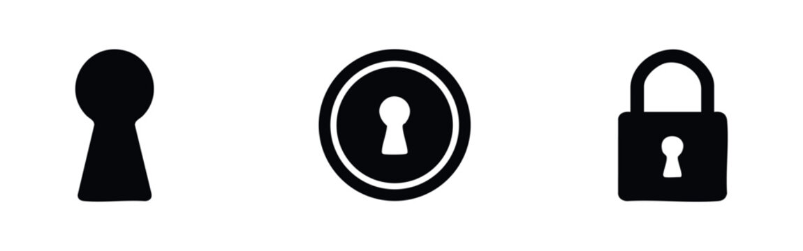 Three black icons representing keyholes and locks on white background