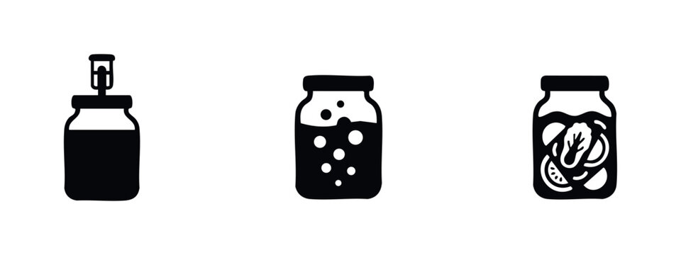 Jar with a lid, bubbling jar, and jar with food on white