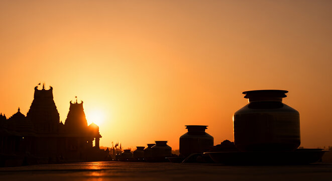 Snana Yatra, sunrise gradient warm tones, temple silhouettes and water vessels subtly visible on left background 