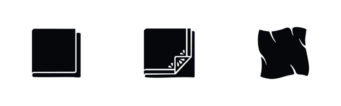 Set of three black icons representing paper or fabric materials