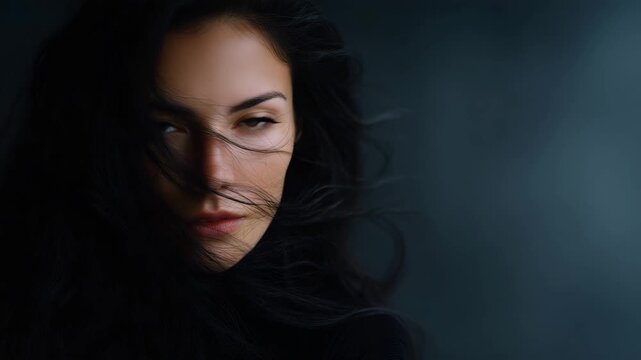 Dark cinematic portrait of woman with illuminated eye, sensual shadow beauty close up, mysterious female face in black background, dramatic noir elegance dark beauty portrait
