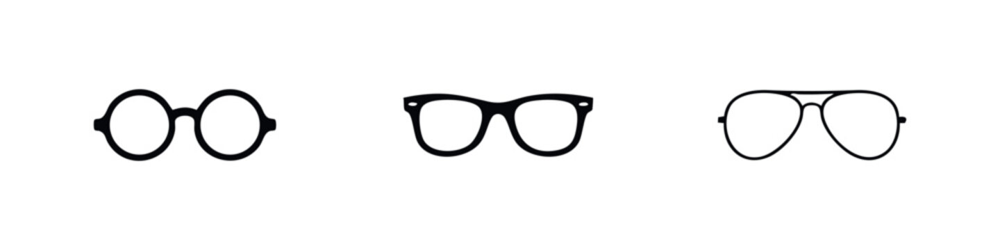Set of three black icons displaying different styles of glasses