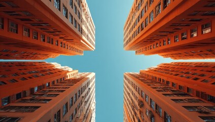 Obraz premium Four towering orange buildings converging upwards towards a clear blue sky