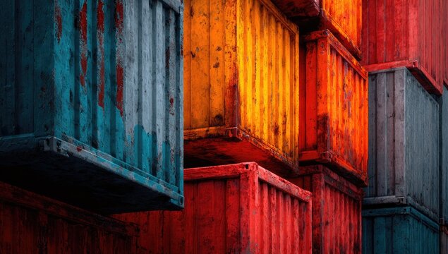 Stacks of weathered cargo containers in vibrant red, orange, and blue hues