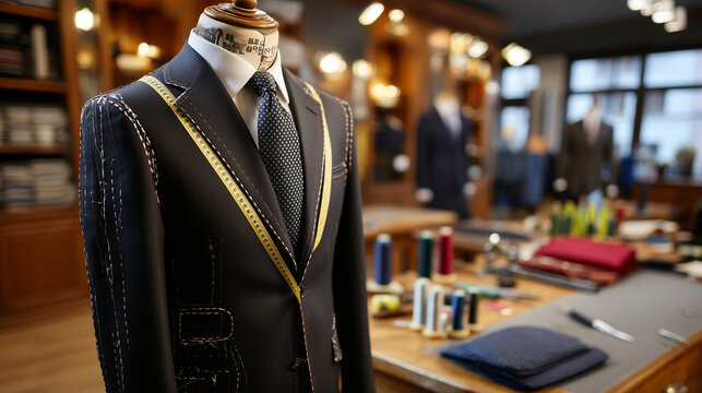 Tailor workshop interior showing half-finished suit jacket on mannequin with pinned adjustments chalk marks and measuring tape in heritage tailoring house with wood paneling, perfe