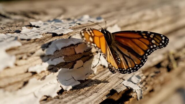 Monarch Butterfly with Orange and Black Wings Resting on Weathered Wood Surface with Peeling White Paint in Natural Sunlight Macro