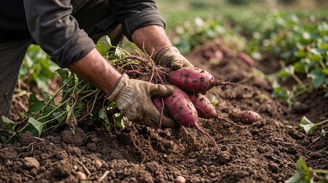 Hands harvesting sweet potatoes in garden.