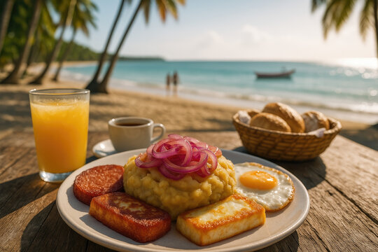 Tropical Breakfast Spread on a Beach