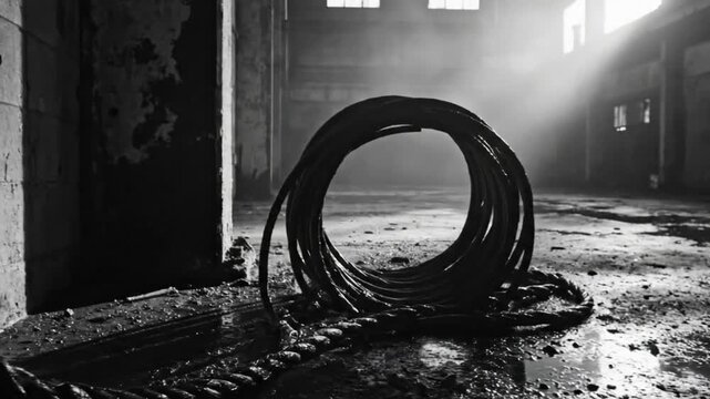 Black and white shot of electrical cable coiled in a grungy industrial building with bright sunlight