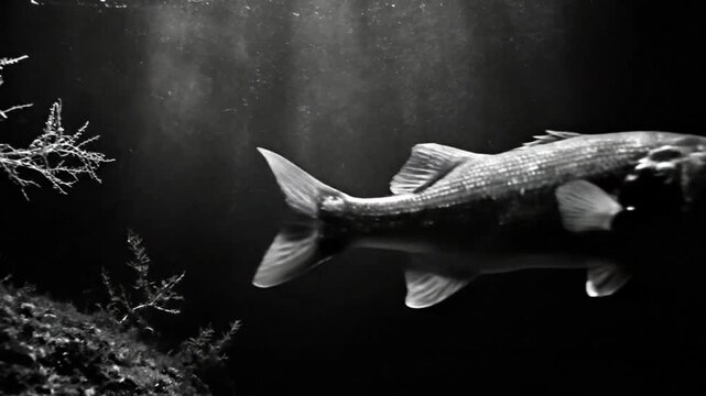 Black and white underwater cinematic shot of a striped bass fish swimming gracefully in the ocean depth