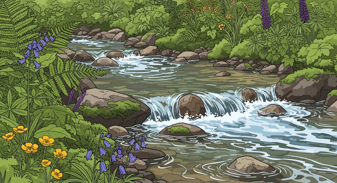 Water flows over rocks in stream.