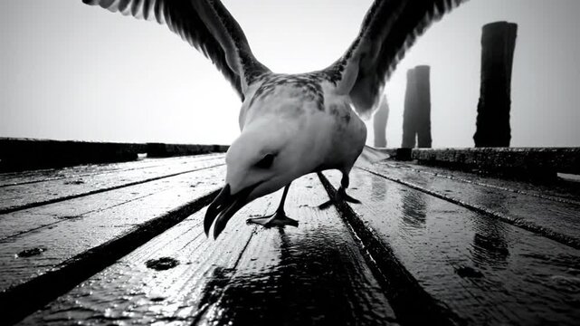 Low angle black and white shot of a seagull landing on a wet wooden pier with outstretched wings
