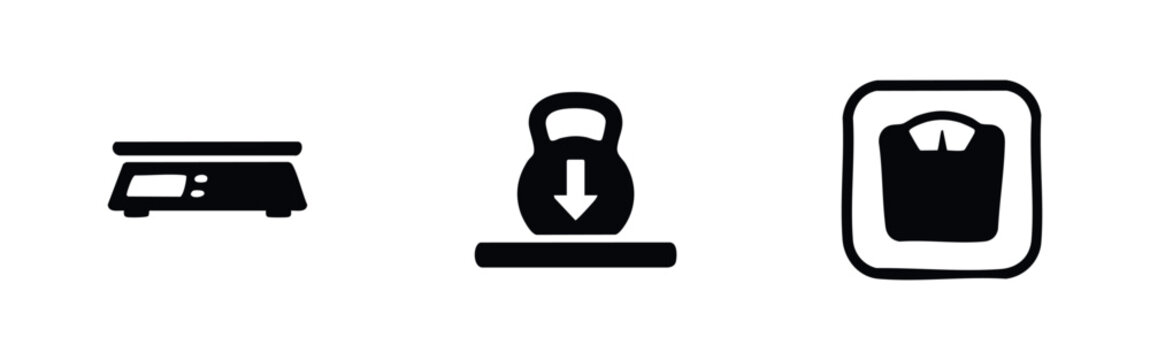 Weight and measurement icons: digital scale, dumbbell, bathroom scale silhouettes