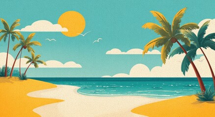 Obraz premium Sunny beach scene with palm trees, ocean waves, and fluffy clouds under a bright sun