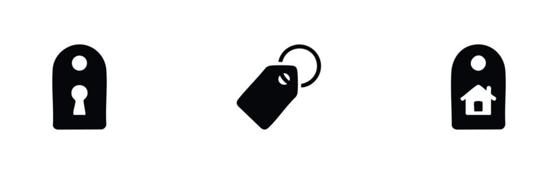 Three black silhouette icons related to keys and home