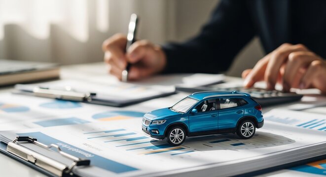 Business finance concept: Miniature car on financial reports with pers