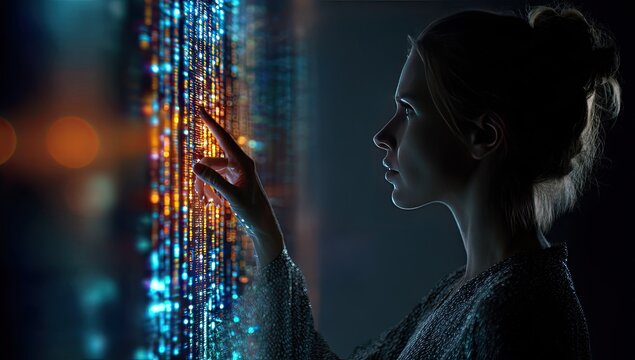 Woman interacts with a vibrant, glowing digital display of abstract data