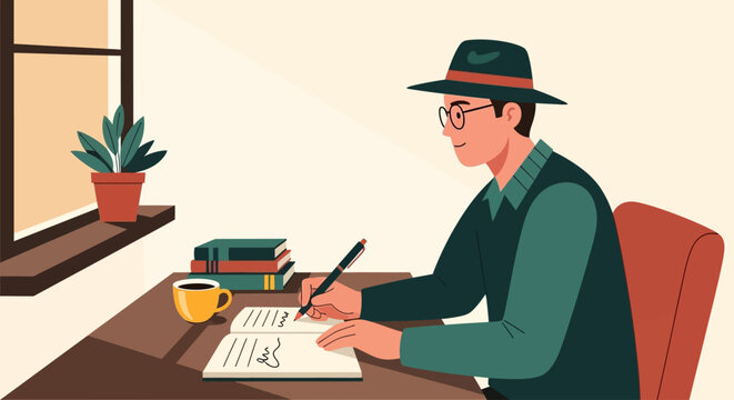 Man wearing glasses writing on paper.