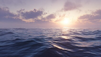 Obraz premium Gentle waves reflect a soft, pastel sunrise with scattered clouds in the sky
