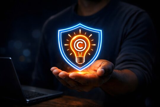 Hand presents a glowing lightbulb with a copyright symbol, encased within a blue shield, symbolizing strong intellectual property protection.