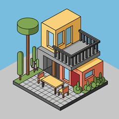 Fototapeta premium A colorful modern house with a balcony and patio area.