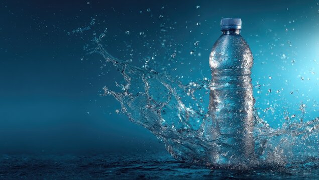 Clear plastic bottle with splashing water against a blue background