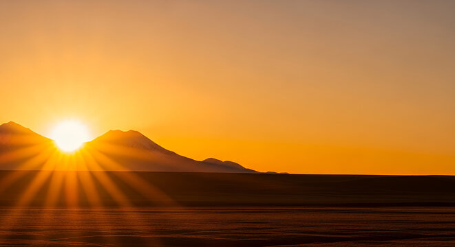 Willka Kuti, warm gradient gold to orange, sun rising over Andes mountains on left background