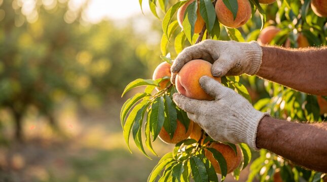 Hands picking peaches from tree.