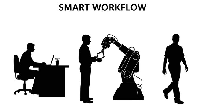 Silhouette of automated smart workflow with person at desk robot arm and walking man