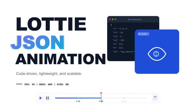 Animated Lottie JSON interface with curved motion path, play button, and progress timeline. Ideal for UI animation, app development, motion graphics, and interactive media design.