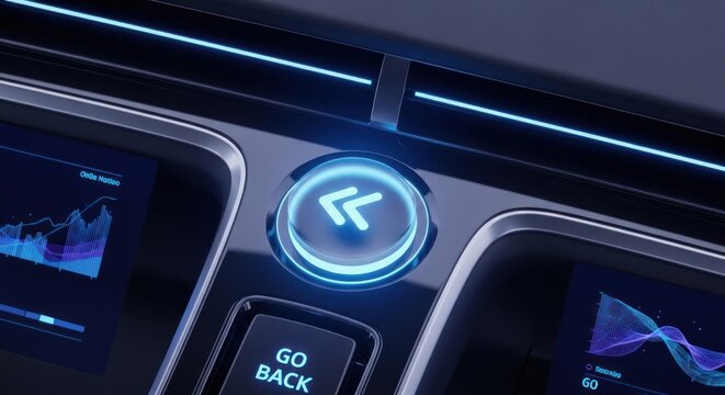 Digital interface shows a "back" button glowing between screens displaying graphical data