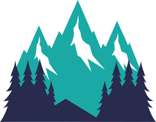 Fototapeta premium Majestic mountain peaks with pine trees and snow caps under blue sky.