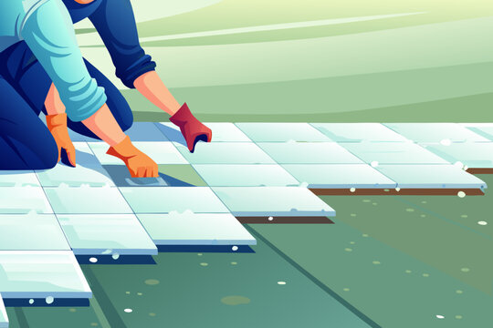 Floor tiling installation with workers laying cera