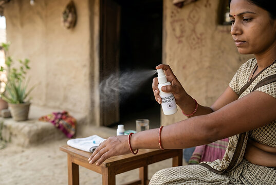 Indian woman applying mosquito repellent spray on her arm for malaria and vector protection in a rural village