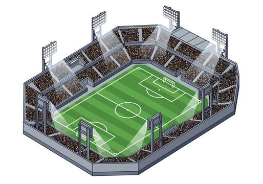 An isometric illustration of a brightly lit soccer stadium with green turf and tiered seating for spectators.
