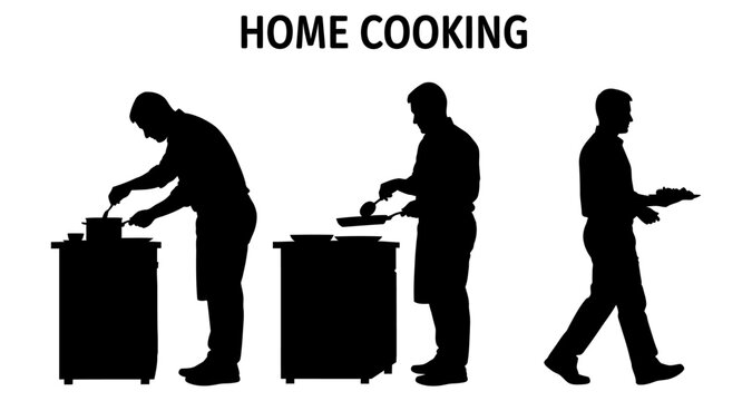 Silhouettes of men cooking and serving food in a kitchen setting