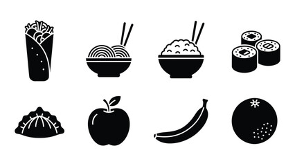 A collection of simple black silhouette icons depicting various foods including sushi noodles and fruit © MDTauhidul