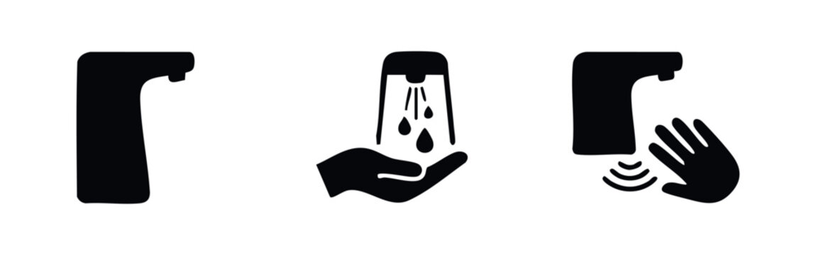 Icons of automatic hand sanitizer dispenser, with water and hand, black silhouettes
