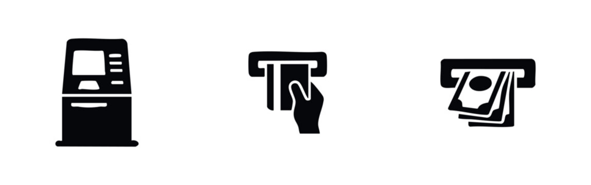 ATM icons: machine, card insertion, and cash withdrawal, black silhouettes on white