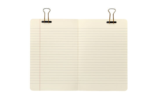 Open lined notebook paper sheet with binder clips, a blank vintage journal for writing notes or school work